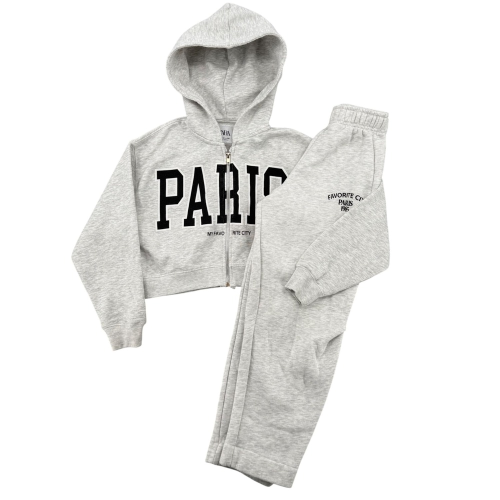 Zara Kids‎ Paris Tracksuit Set Gray Cropped Zip Hoodie and Joggers Size 11-12